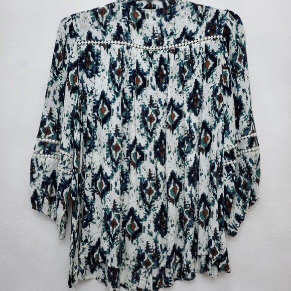 Intro Ikat Print Split Round Neck 3/4 Balloon Sleeve Women's Rayon Boho Top 2X - Picture 6 of 12